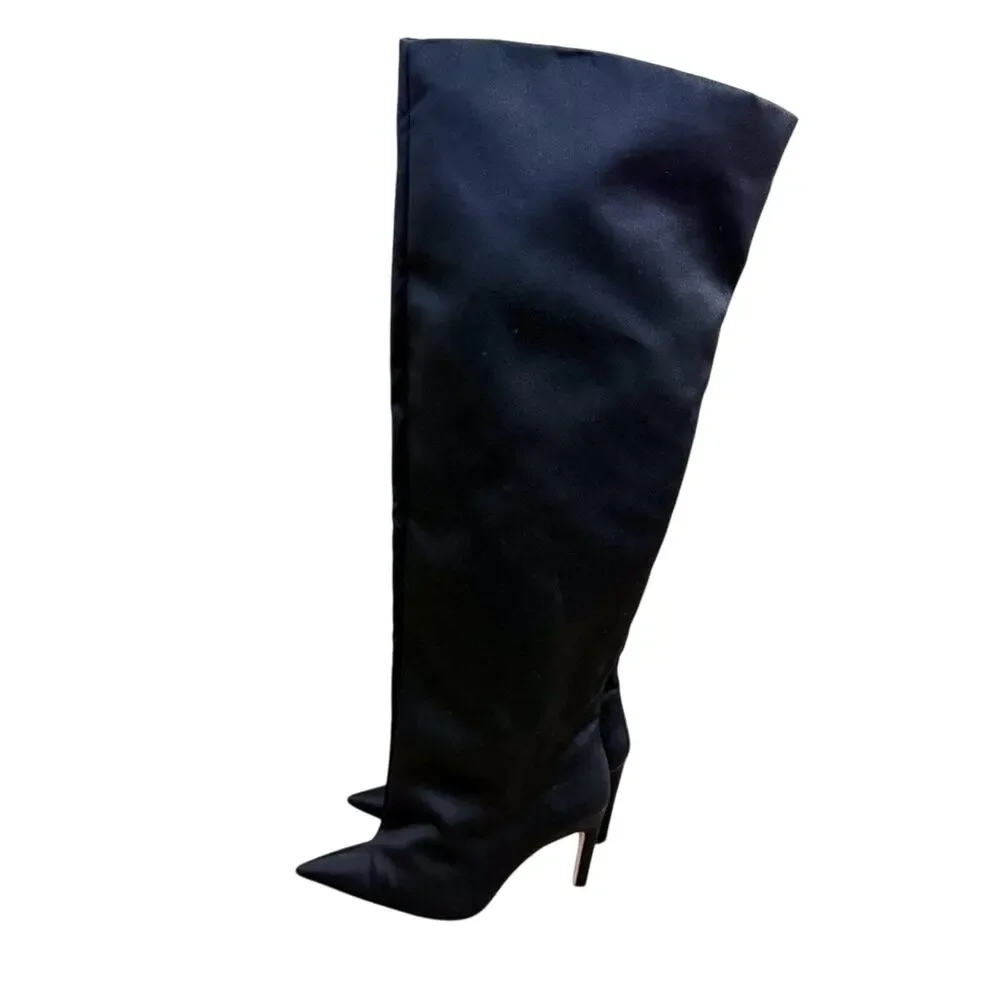 Good American Black Satin Over the Knee Slouchy Stiletto Boots Sz 5.5 Pointy Toe